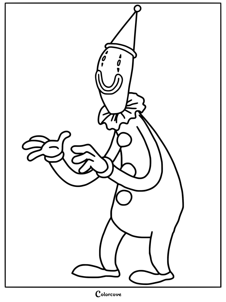 Kaufmo from The Amazing Digital Circus wearing a clown hat and ruffed collar, line art coloring page.