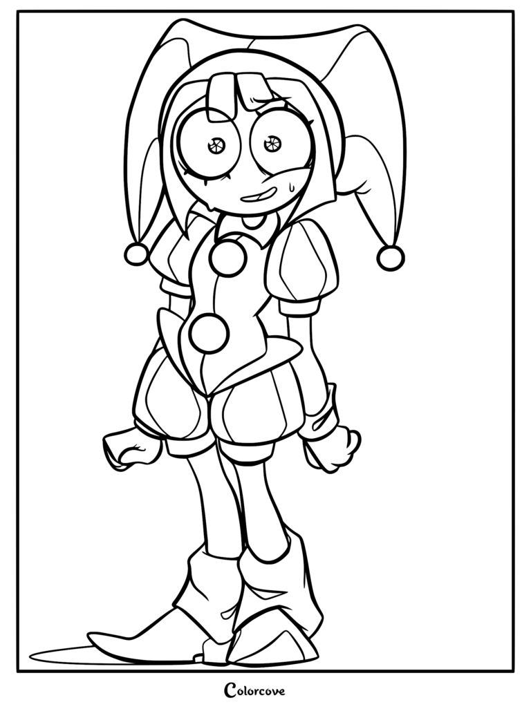 Pomni stands nervously in her signature jester outfit.