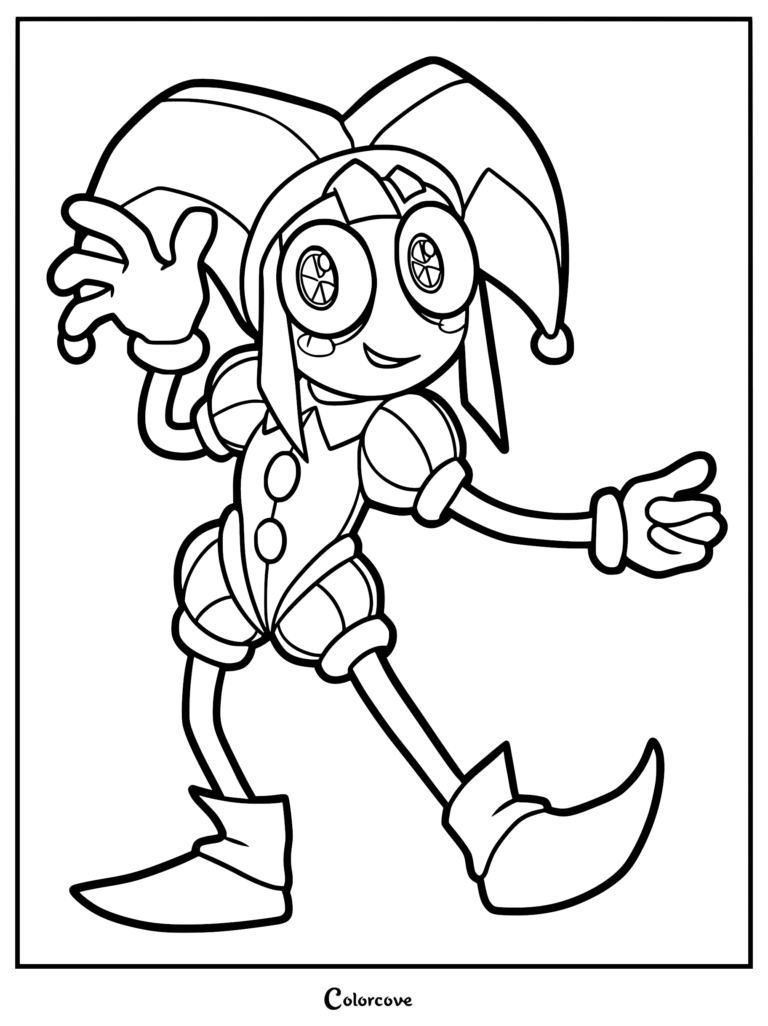 A printable coloring page featuring Pomni from The Amazing Digital Circus, showcasing her jester hat, large expressive eyes, and signature circus outfit in black and white line art.