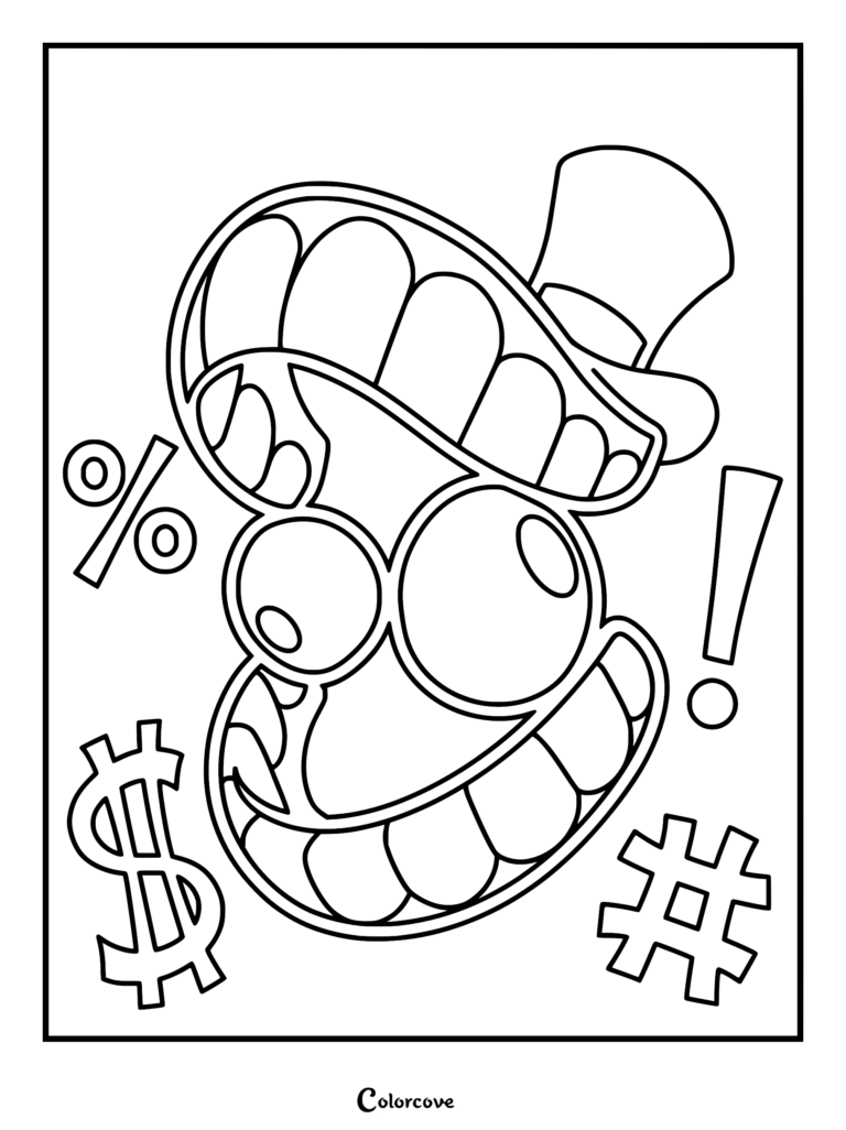 A printable coloring page featuring the disembodied mouth and eyes of Caine from The Amazing Digital Circus, surrounded by punctuation symbols like a dollar sign, percentage sign, and hashtag.