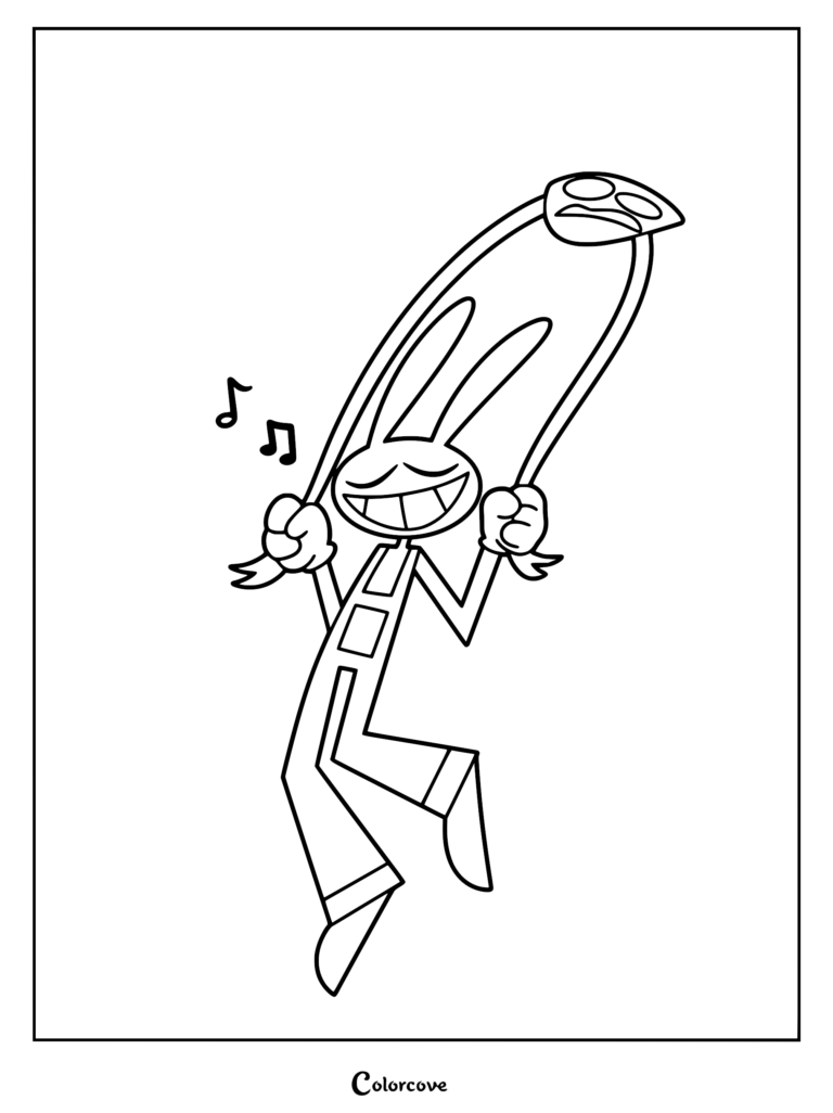 Jax from The Amazing Digital Circus cheerfully jumping rope with a floating comedy mask above his head in this clean line art coloring page.