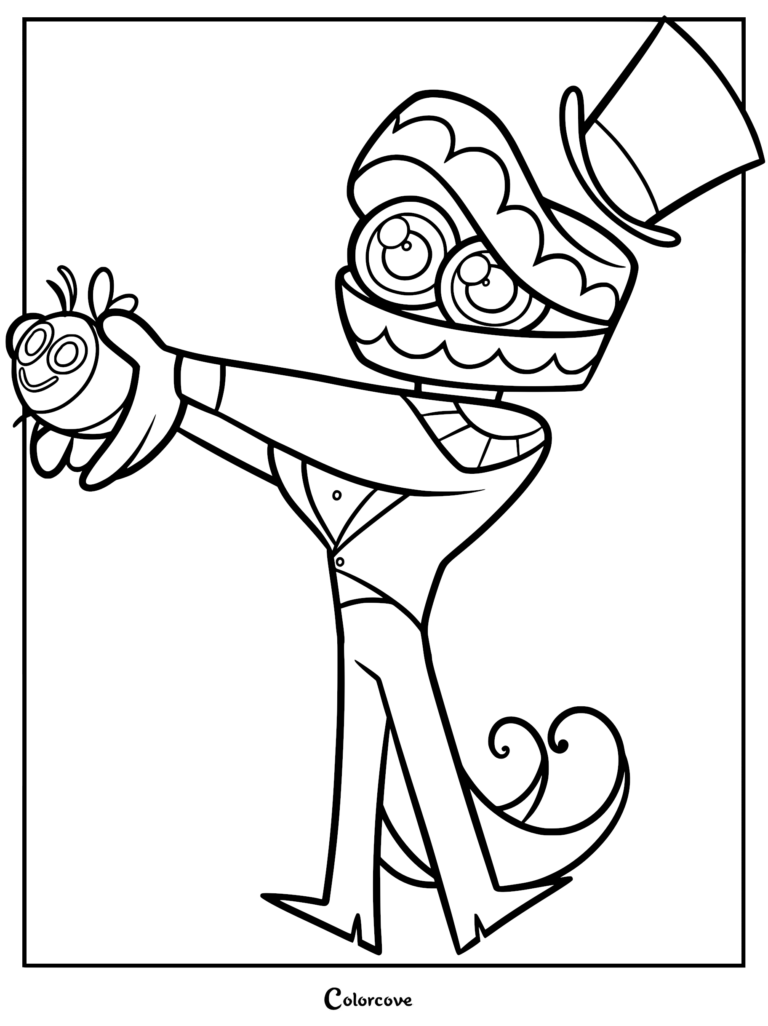 Caine from The Amazing Digital Circus wearing his top hat, holding a small round smiling Gloink in his hands, black and white line art coloring page.