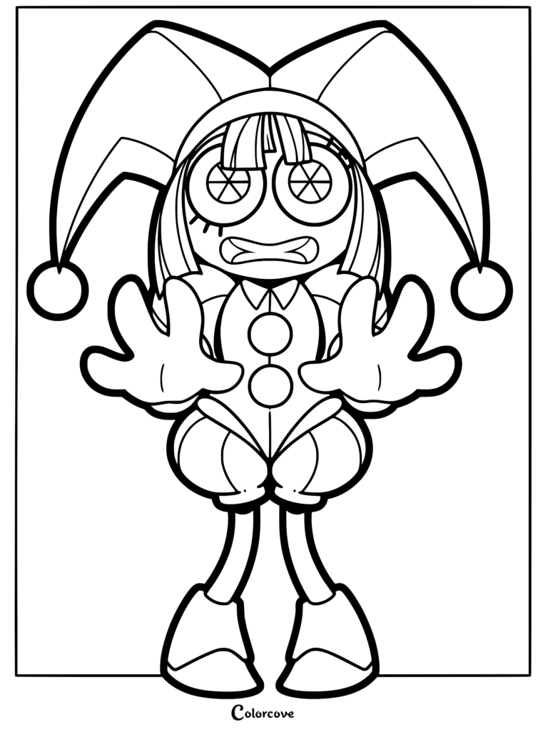 A black and white line art coloring page of Pomni from The Amazing Digital Circus, showing her with a frantic expression, wide eyes with star patterns, and hands held out in front.