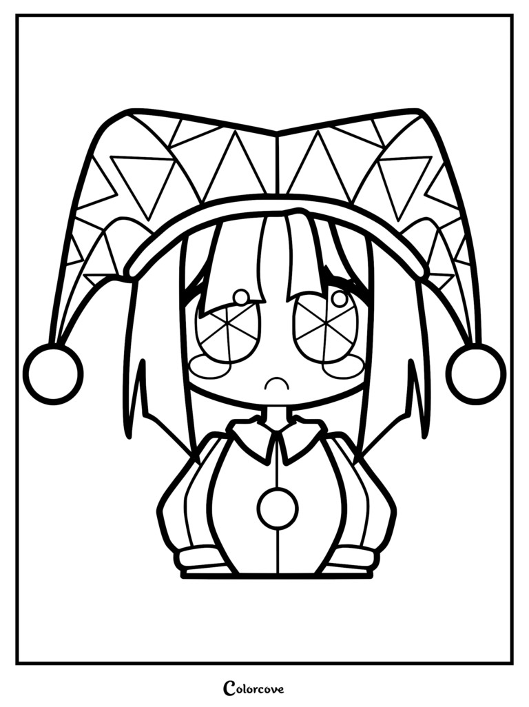 A printable coloring page featuring a chibi-style Pomni from The Amazing Digital Circus with a sad expression, wearing her signature jester hat with triangle patterns.