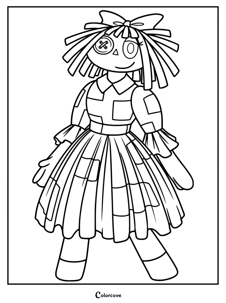 Ragatha coloring page featuring the doll character with her iconic yarn hair, button eye, and patchwork dress.
