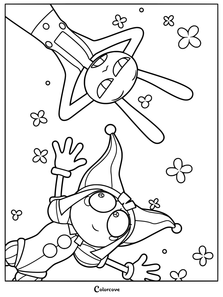 Jax the rabbit and Pomni the jester floating amidst floating flowers in a black and white printable coloring page.