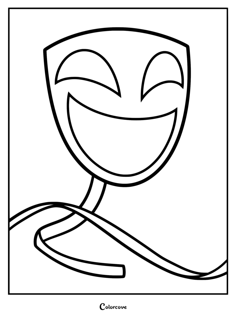 Gangle from The Amazing Digital Circus featuring her happy theatrical mask on a thin ribbon body, a simple line art coloring page.