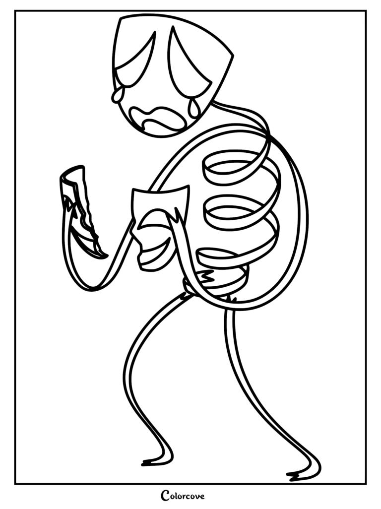 A printable coloring page of Gangle from The Amazing Digital Circus, featuring her flexible ribbon body and sad theater mask face with tears.