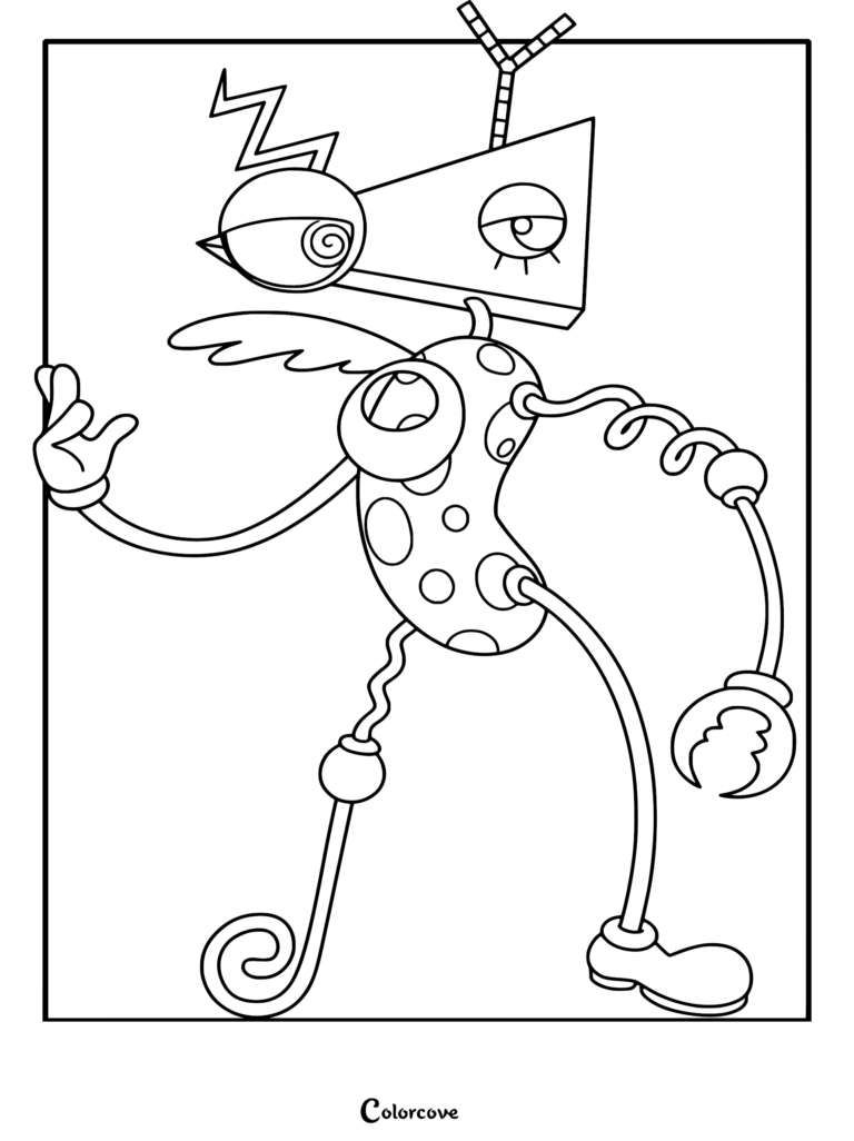 A printable coloring page featuring Zooble from The Amazing Digital Circus, showcasing their distinct triangular head, spring-like limbs, and polka-dot body.