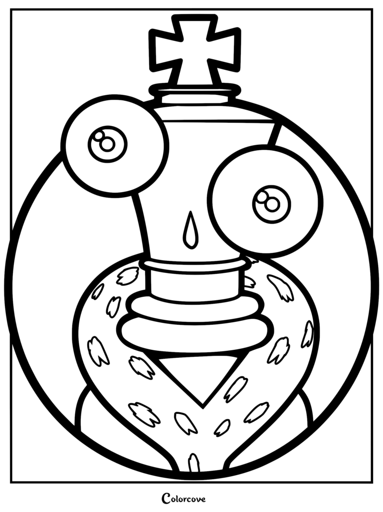 Kinger from The Amazing Digital Circus with large mismatched googly eyes and a crown, line art coloring page.