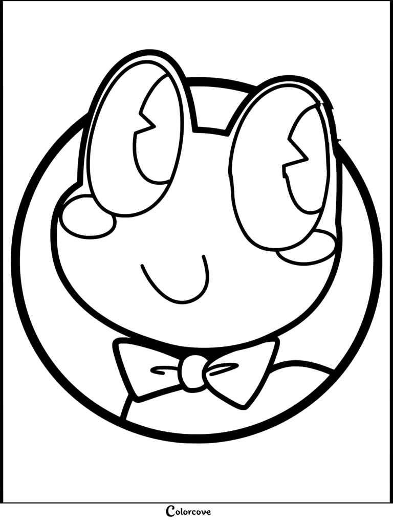 A simple black and white line art coloring page featuring Ribbit from The Amazing Digital Circus inside a circular frame.