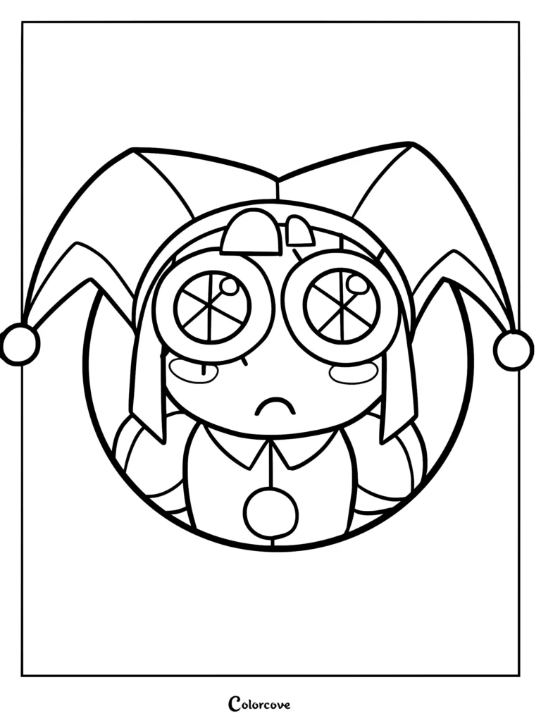 A close-up line art coloring page of Pomni from The Amazing Digital Circus featuring her jester hat, large round eyes, and a sad facial expression.