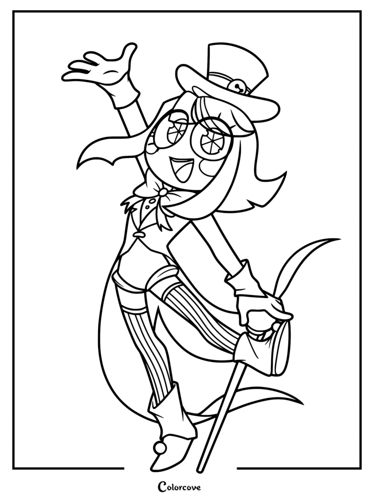 A printable coloring page featuring Pomni from The Amazing Digital Circus dressed as a ringmaster with a top hat, tailcoat, and striped tights holding a cane.