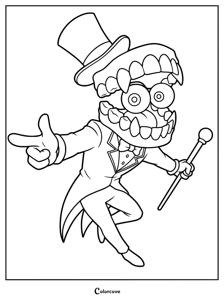Caine wearing a top hat and suit, pointing forward while holding a cane in a line art coloring page.