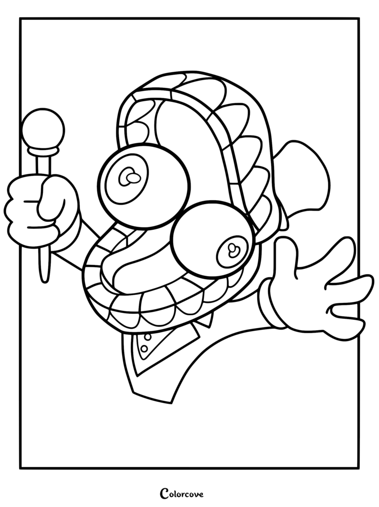 A printable coloring page of Caine from The Amazing Digital Circus, showcasing his large teeth head, floating eyes, and a small cane in his hand.