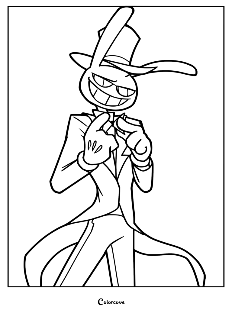 A printable coloring page featuring Jax from The Amazing Digital Circus wearing a fancy tuxedo and top hat, grinning with rabbit ears.