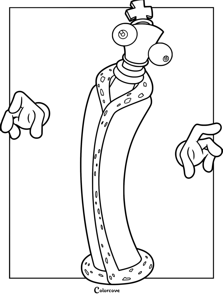 Kinger, the chess piece character from The Amazing Digital Circus, in a line art coloring page with his floating hands and royal robe visible.