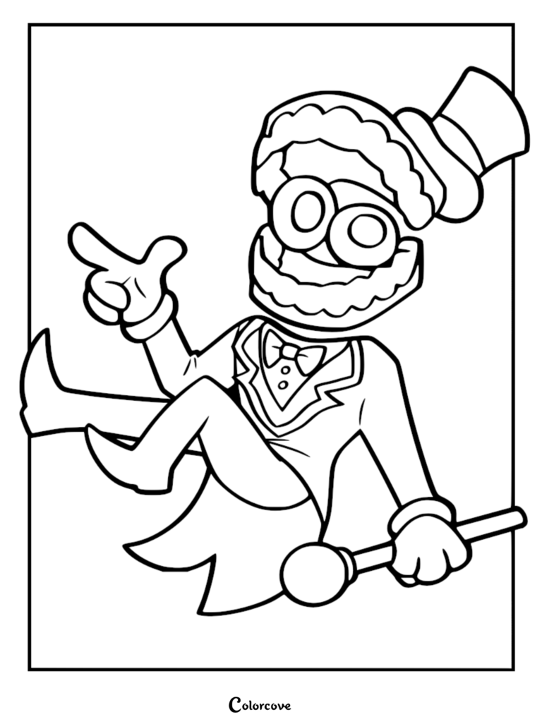 Caine from The Amazing Digital Circus wearing a top hat and tuxedo holding a cane in this printable coloring page.