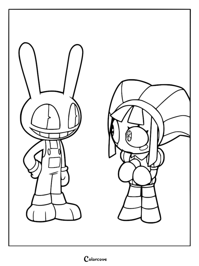 Jax the rabbit and Pomni the jester standing together in this printable coloring page.
