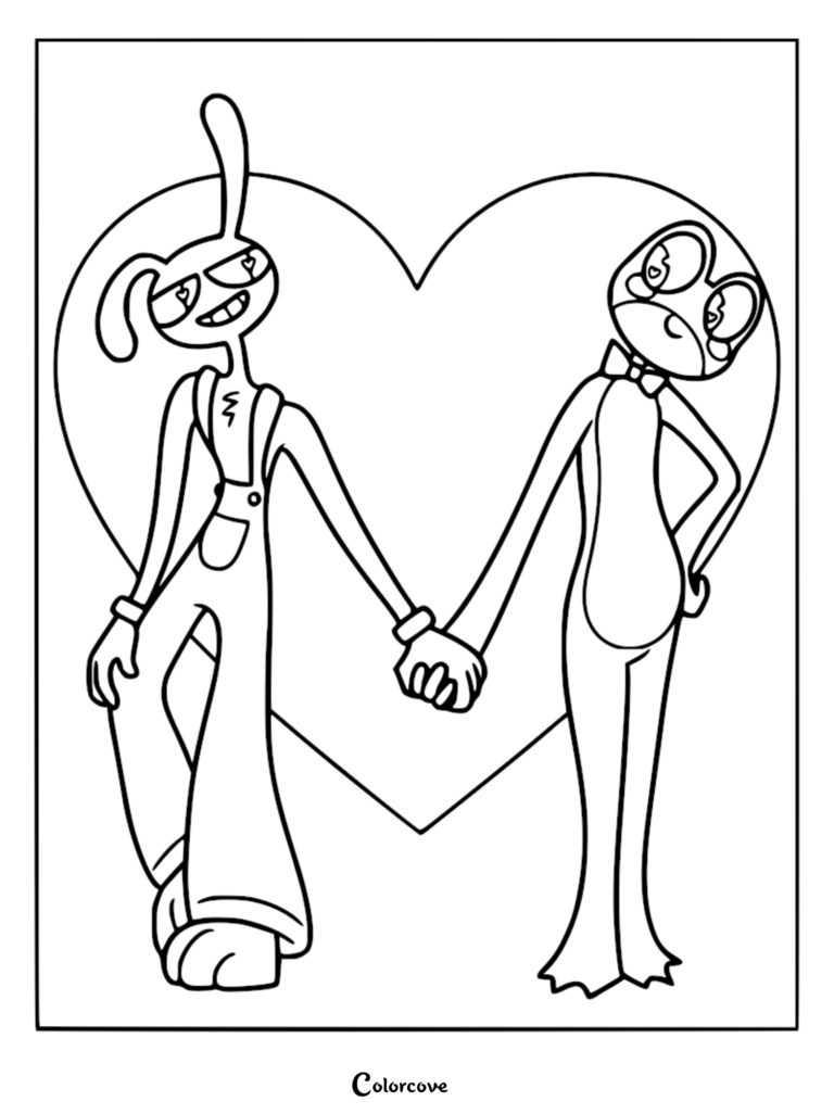 Jax and Ribbit holding hands in front of a large heart, a printable coloring page featuring The Amazing Digital Circus characters.