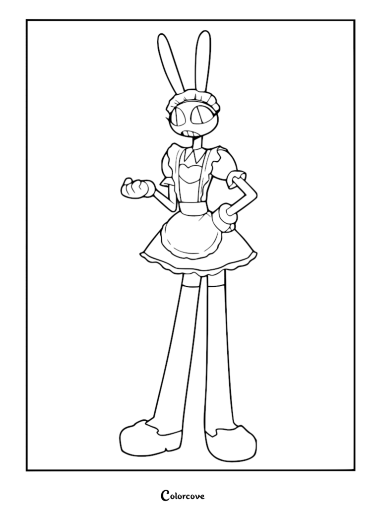 Jax from The Amazing Digital Circus wearing a frilly maid costume, standing in a pose for this printable coloring page.