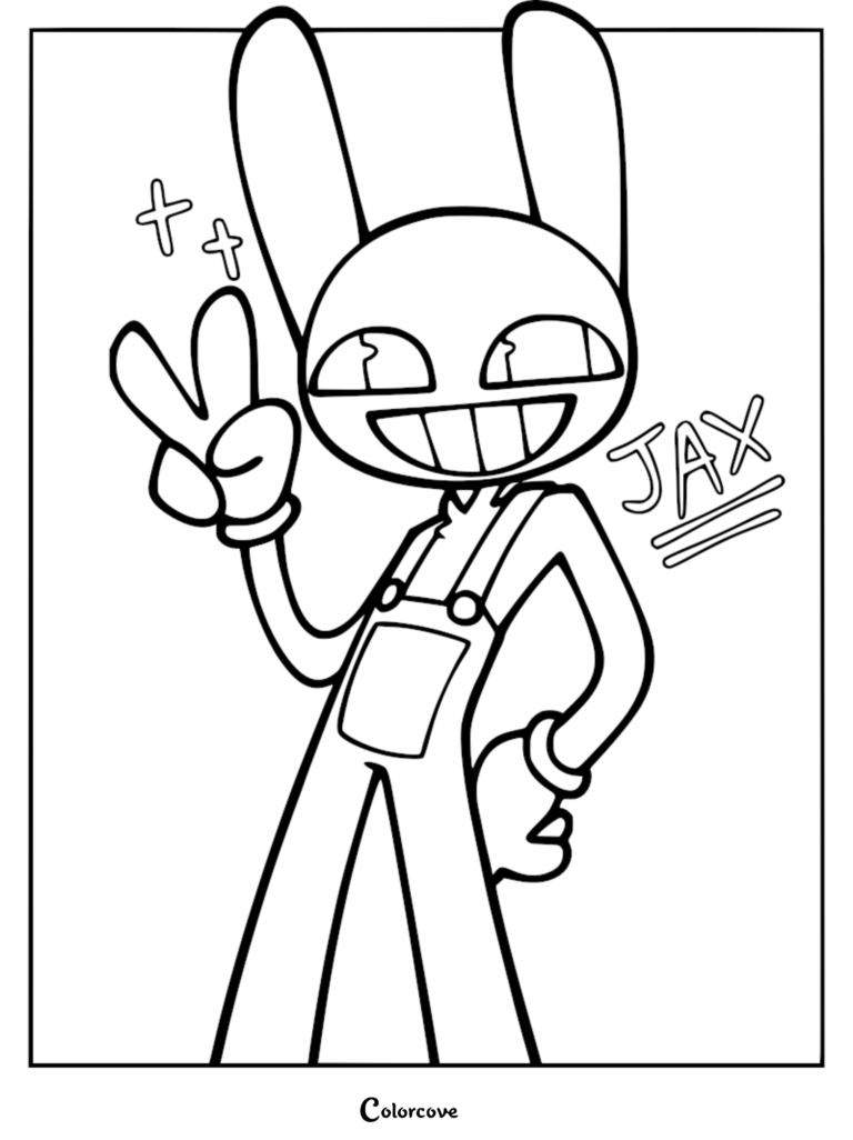 Jax from The Amazing Digital Circus making a peace sign in this printable coloring page.