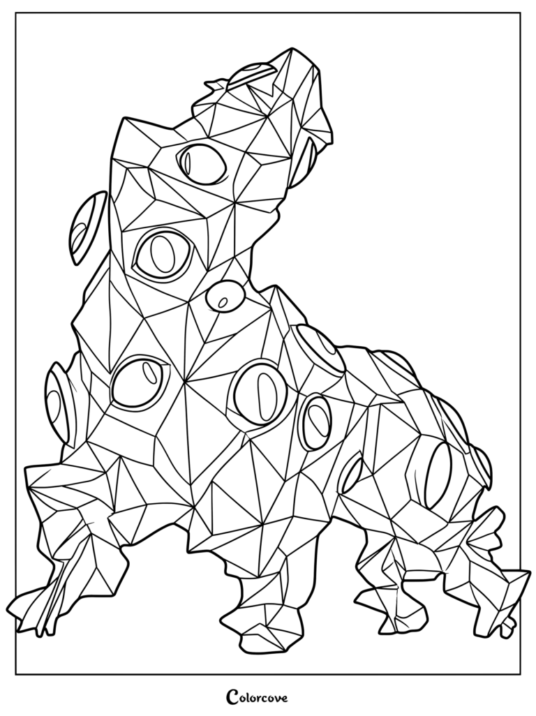 Coloring page of the Abstracted Kaufmo Monster Rampage from The Amazing Digital Circus featuring a jagged geometric body covered in random eyes.