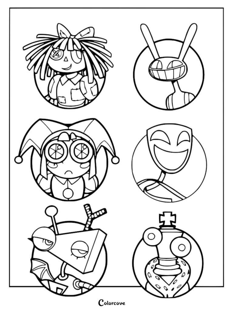 Line art portraits of the main Digital Circus cast members.