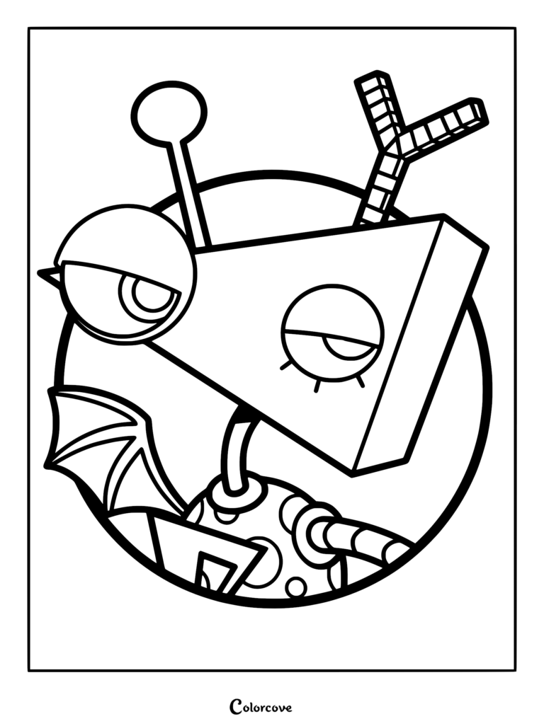 A printable coloring page featuring the abstract character Zooble from The Amazing Digital Circus with a wedge-shaped head, one eye on a stalk, a bat-like wing, and geometric limbs.