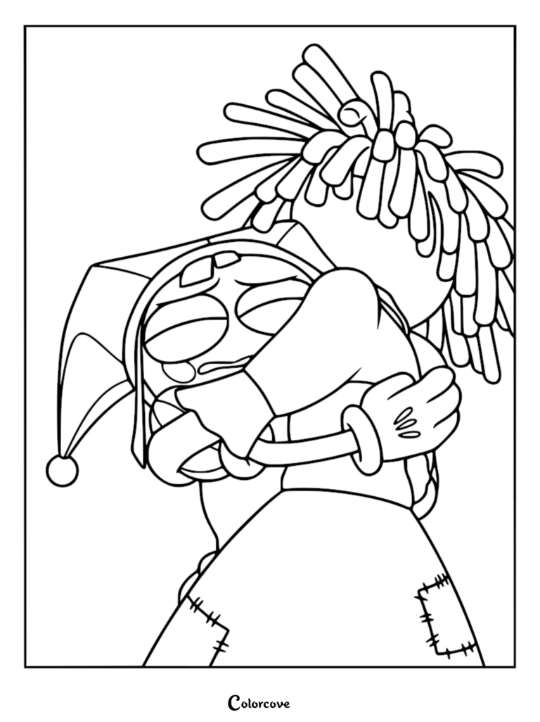 A printable coloring page featuring Pomni in her jester hat embracing Ragatha in a warm hug.
