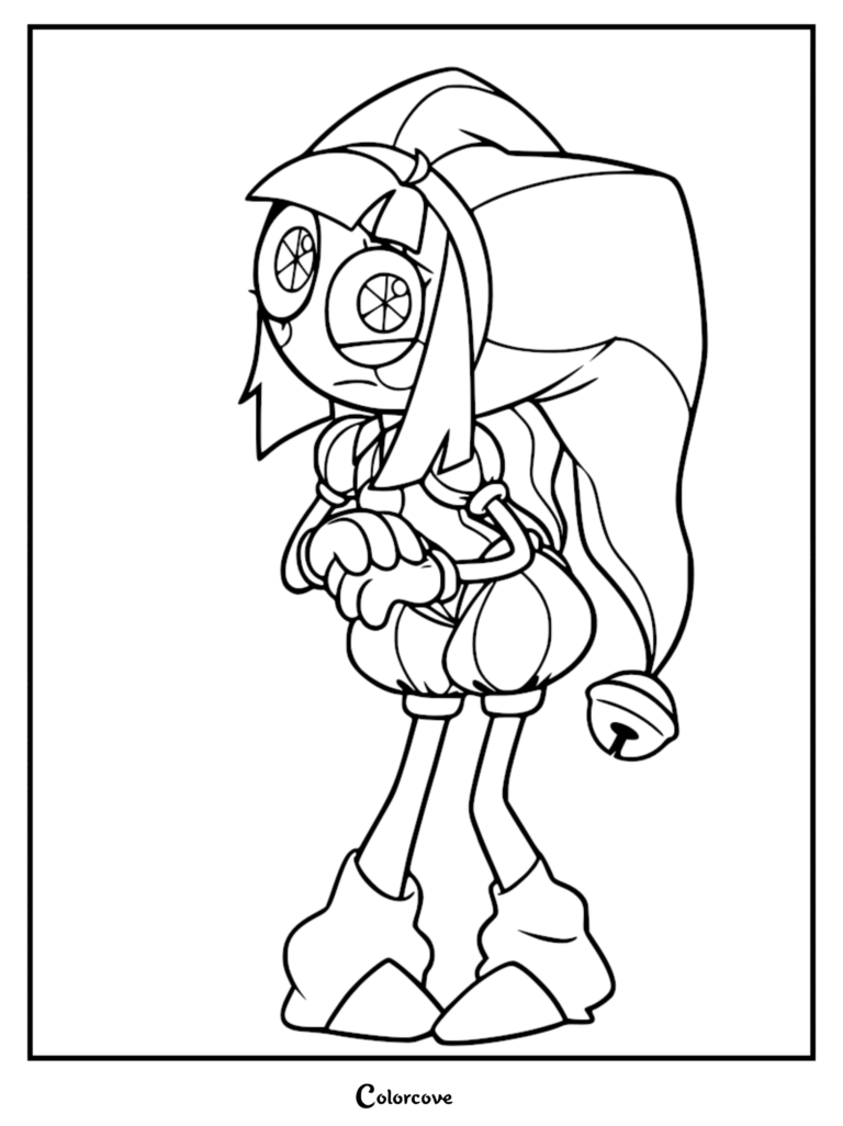 Pomni standing with a sad expression in her jester outfit.