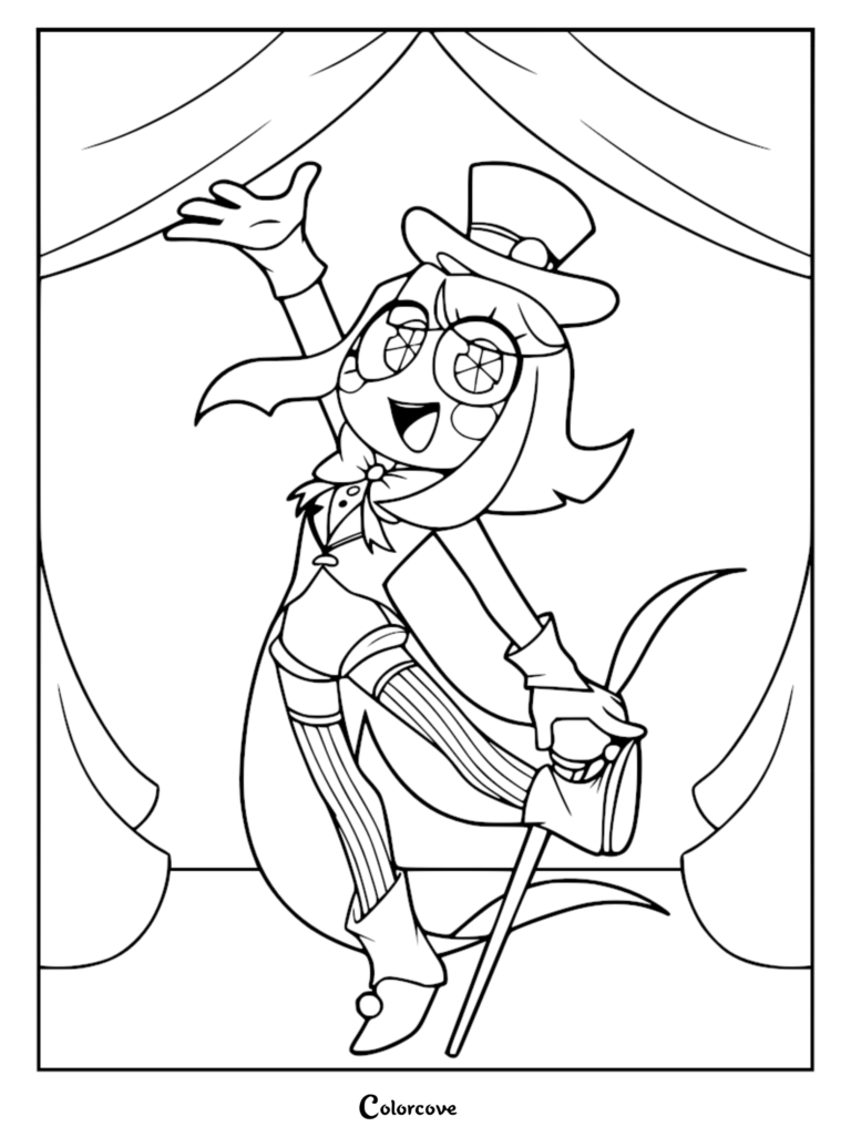 Pomni from The Amazing Digital Circus wearing a top hat and tuxedo, waving on stage in this printable coloring page.