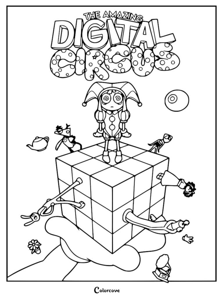 Pomni stands atop a cube surrounded by circus friends.