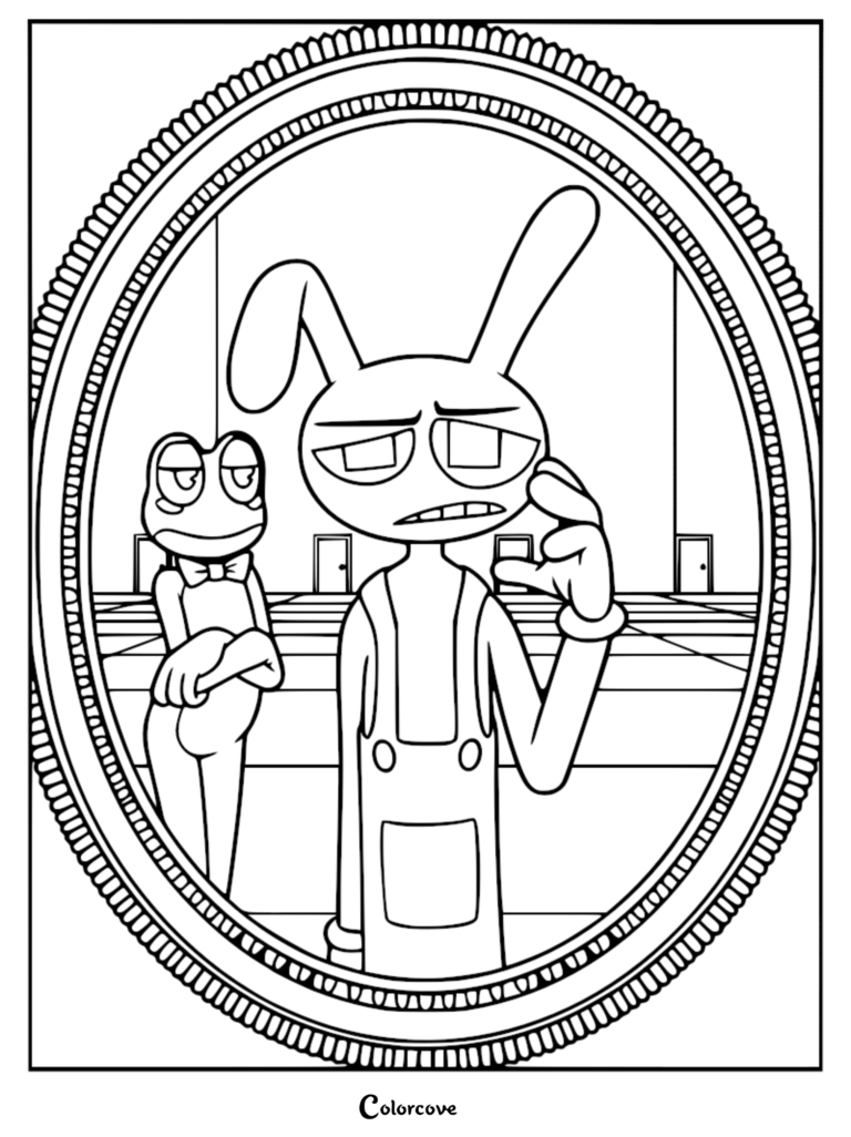 Ribbit and Jax in the finale scene of The Amazing Digital Circus, a printable coloring page featuring the frog and rabbit characters inside an ornate oval mirror frame.
