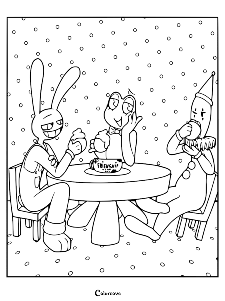 Ribbit, Kaufmo, and Jax sitting at a table with a friendship mug in this printable coloring page.