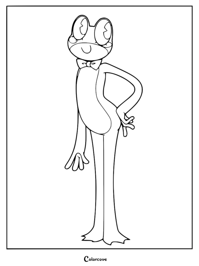 Ribbit from The Amazing Digital Circus standing in a pose, printable coloring page featuring the frog character with a bowtie.