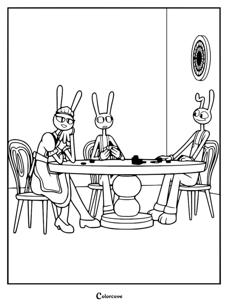 Three versions of Jax from The Amazing Digital Circus sitting at a round table in this printable coloring page.