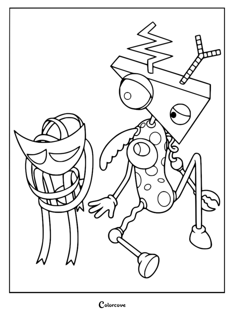 Zoooble and Gangle from The Amazing Digital Circus in a printable coloring page featuring Zoooble's blocky head and Gangle's ribbon body.