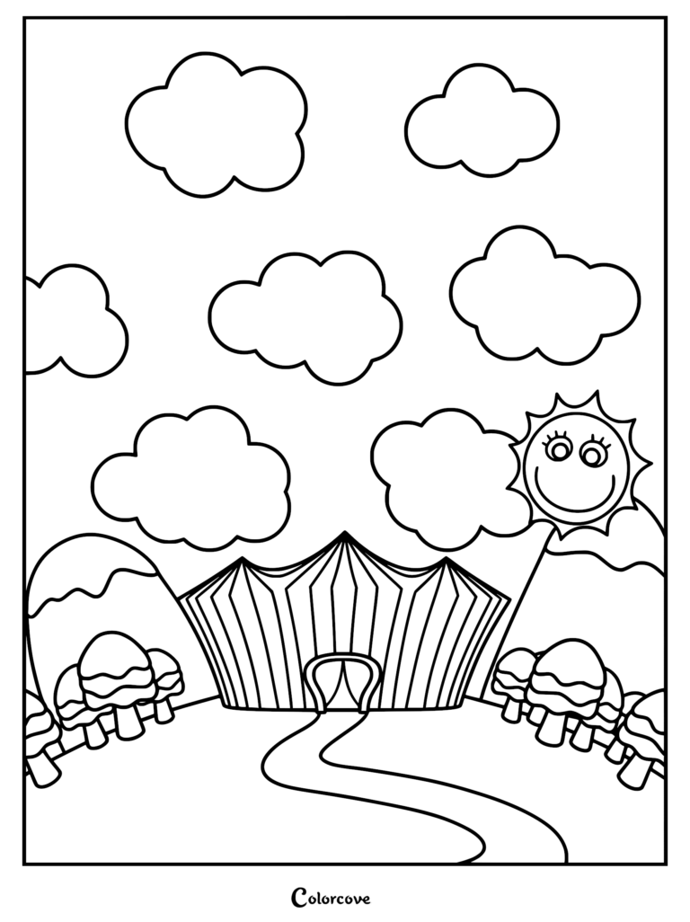 The Amazing Digital Circus tent with a smiling sun, clouds, and trees, ready to be printed as a coloring page.