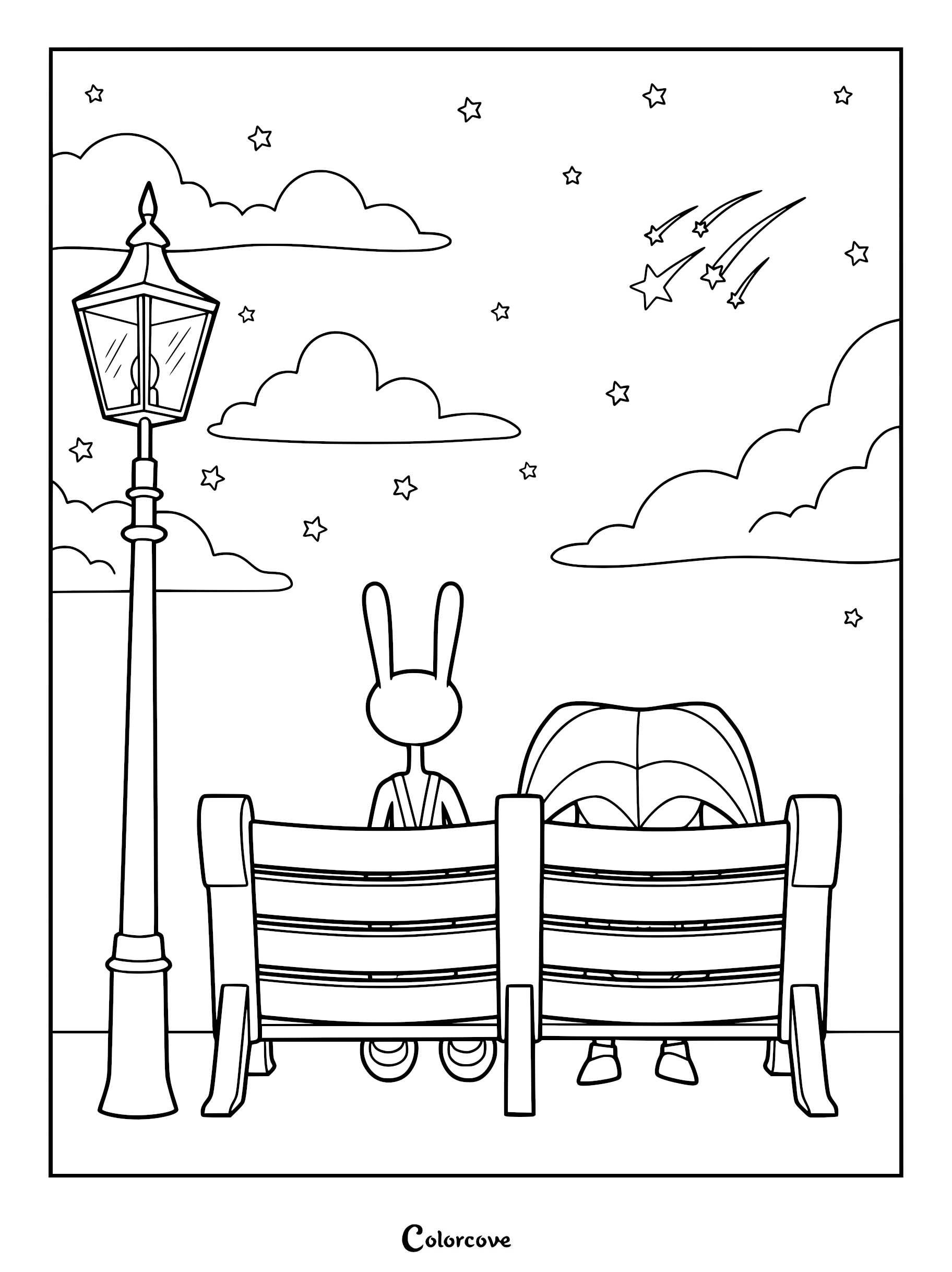 Pomni and Jax sitting on a bench under a starry sky coloring page featuring a street lamp and shooting stars.