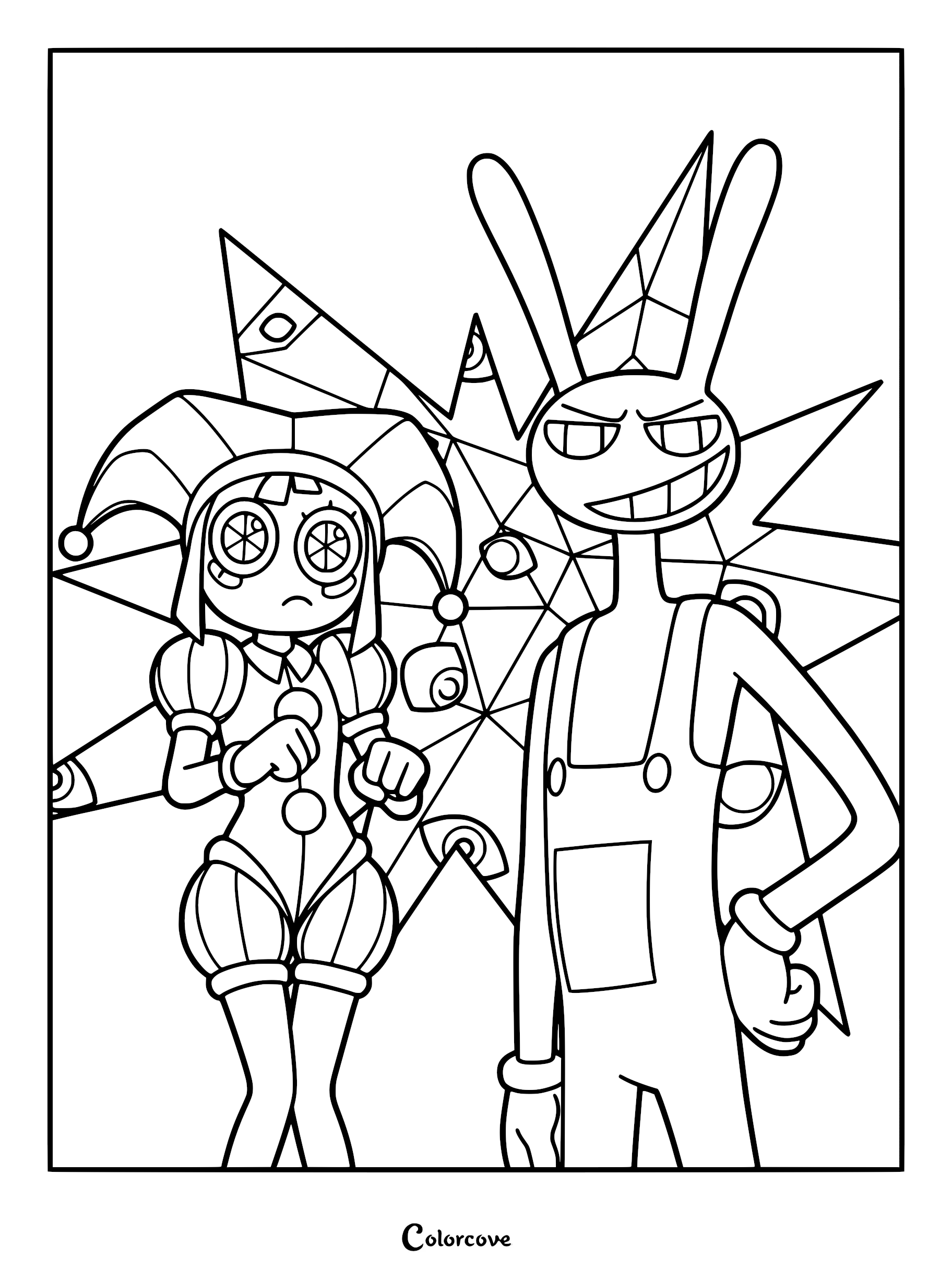 Pomni and Jax from The Amazing Digital Circus standing in front of a geometric star background in this printable coloring page.