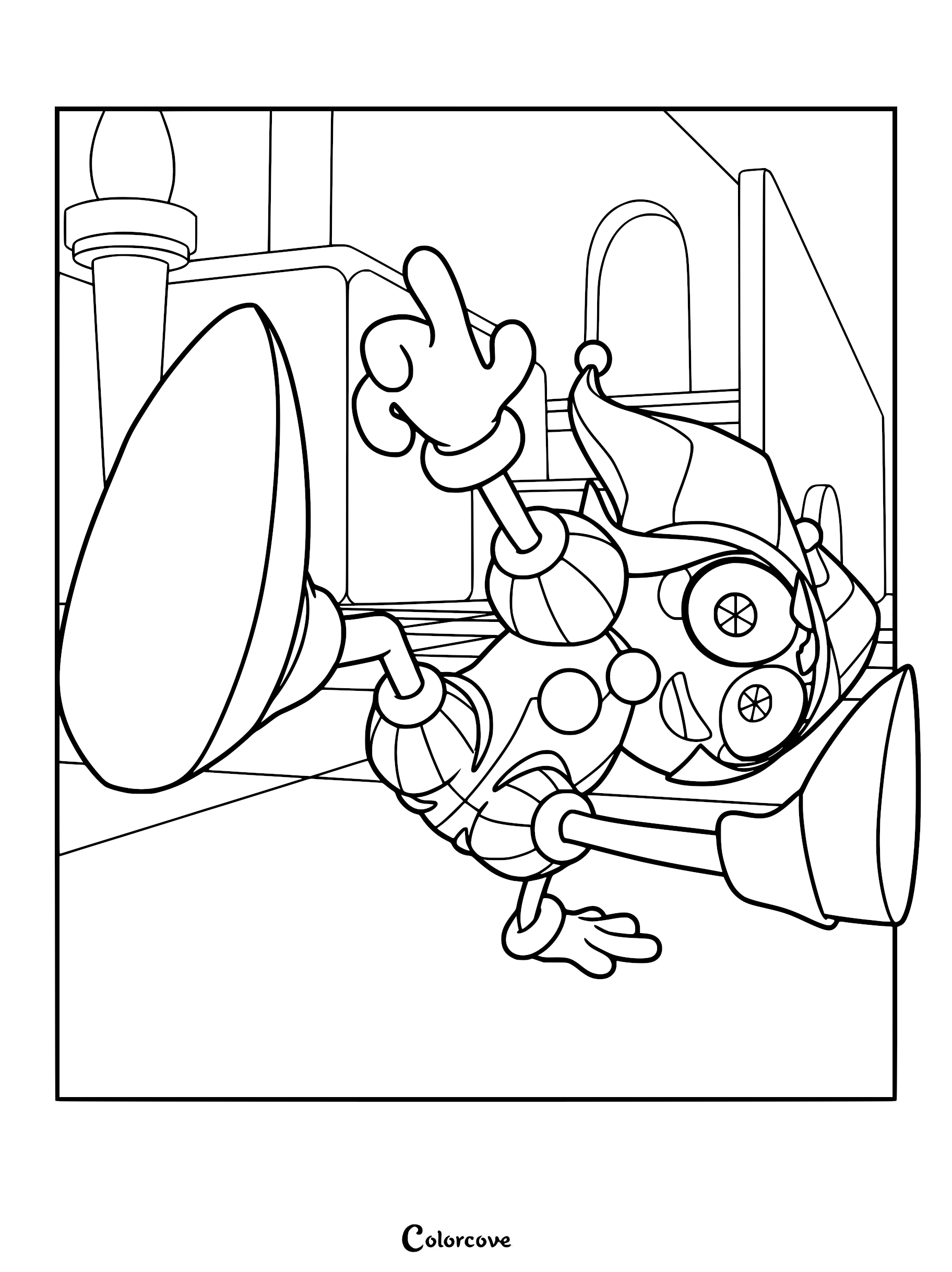 Pomni from The Amazing Digital Circus performing a dance move in this printable coloring page.