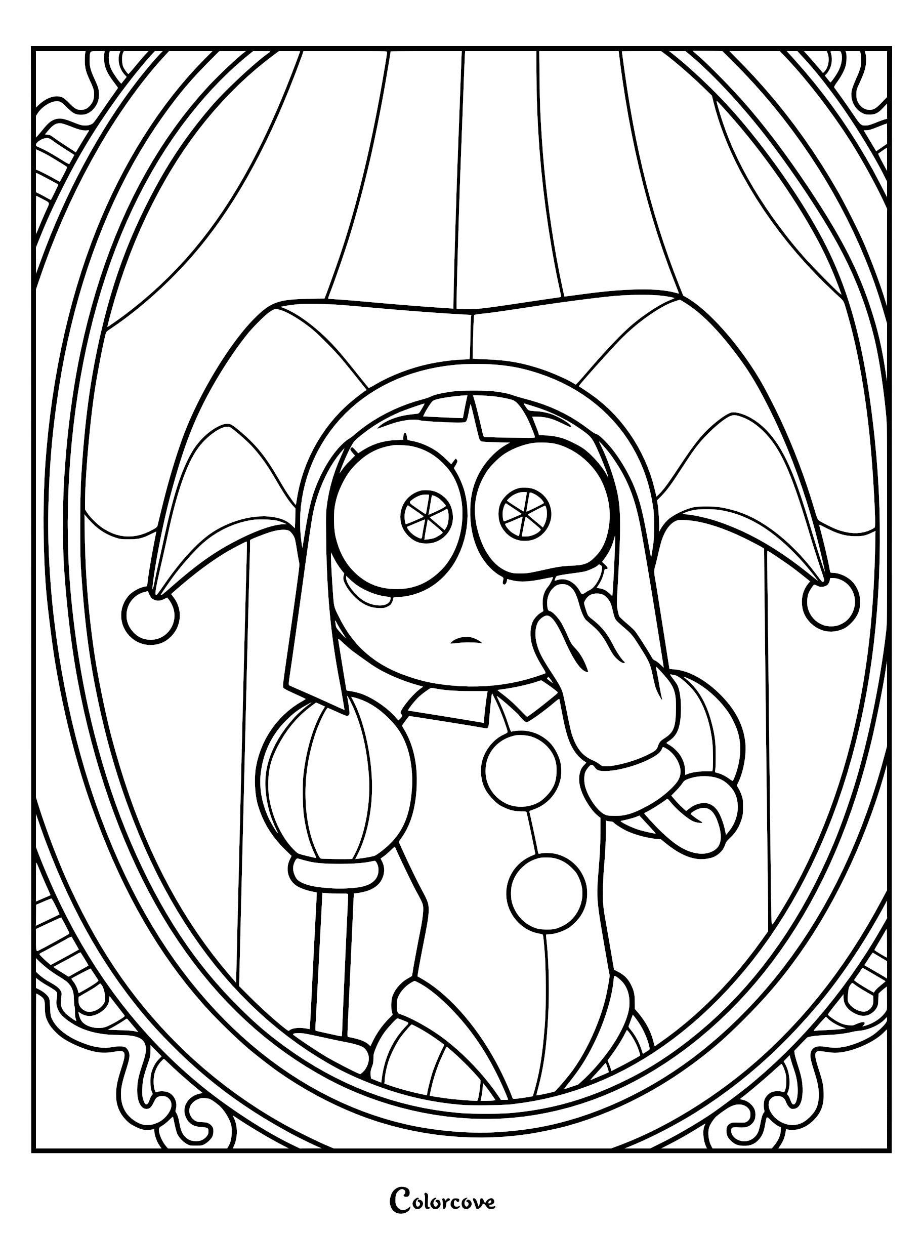Pomni from The Amazing Digital Circus looking at her reflection in an ornate oval mirror, printable coloring page.