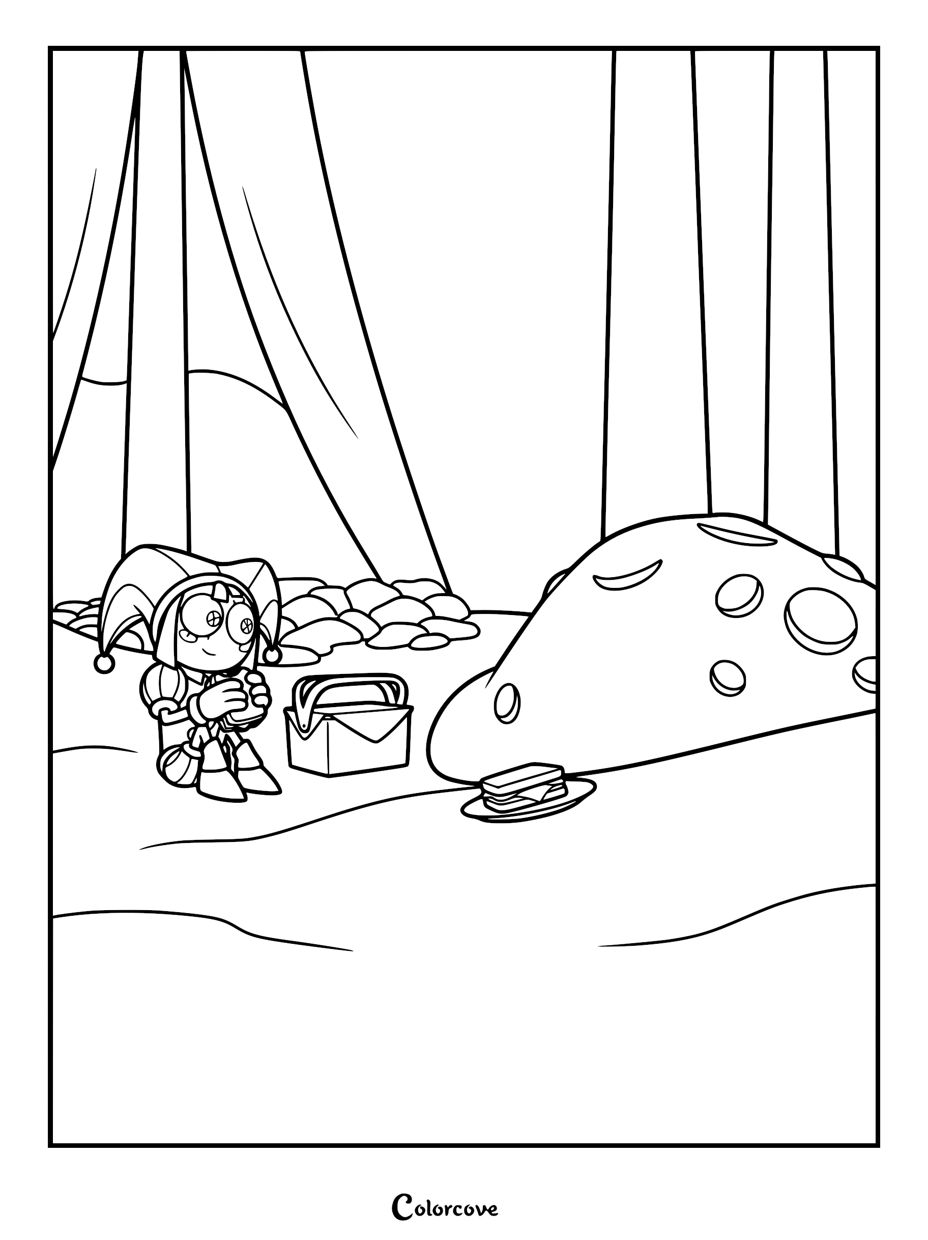 Pomni sitting on the ground eating a sandwich next to an abstracted version of Jax in this printable coloring page.