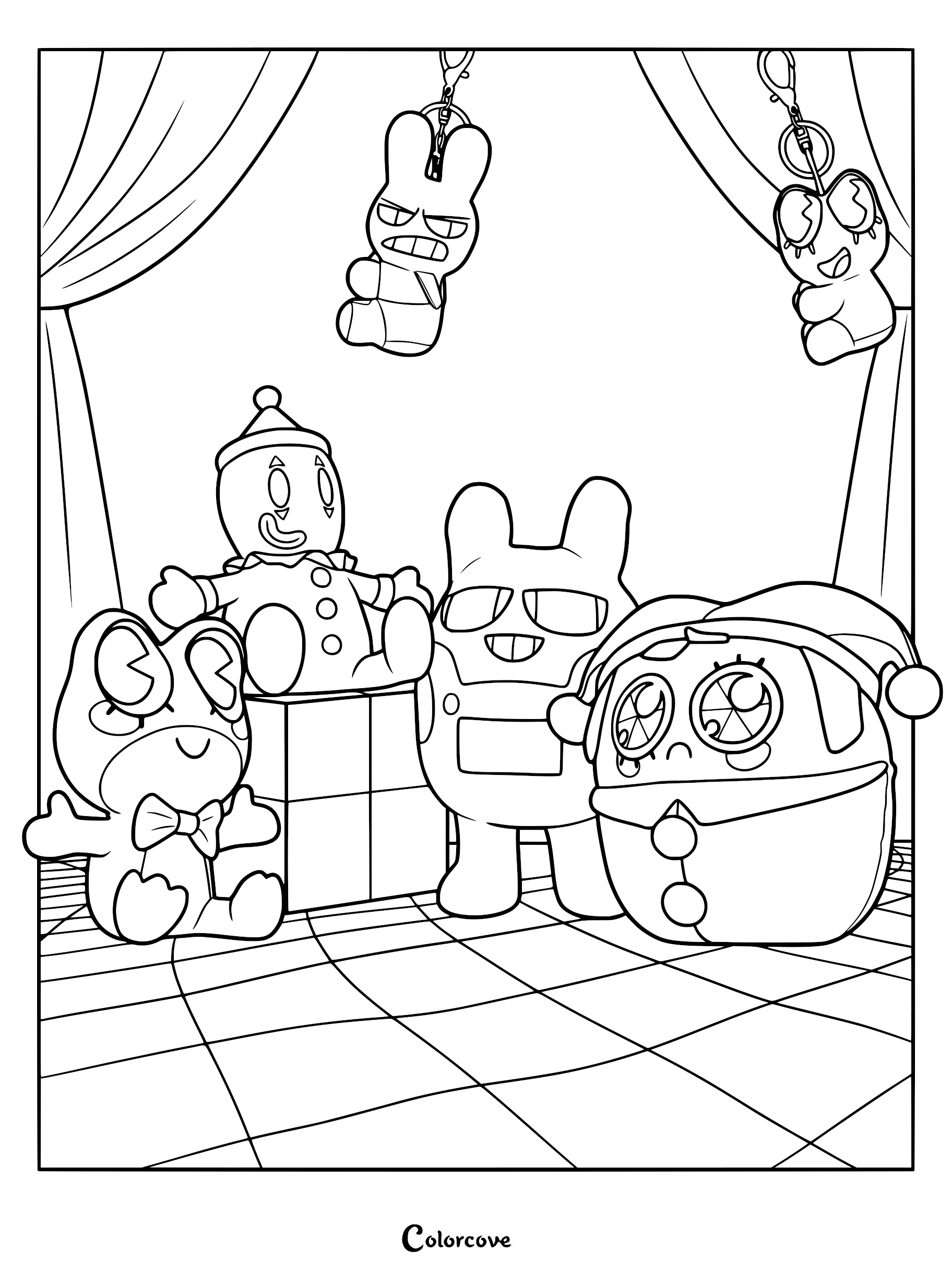 A coloring page featuring The Amazing Digital Circus characters as plushes, including Jax and Pomni hanging as keychains, with Kinger, Gangle, and Ragatha plush toys displayed on a stage.