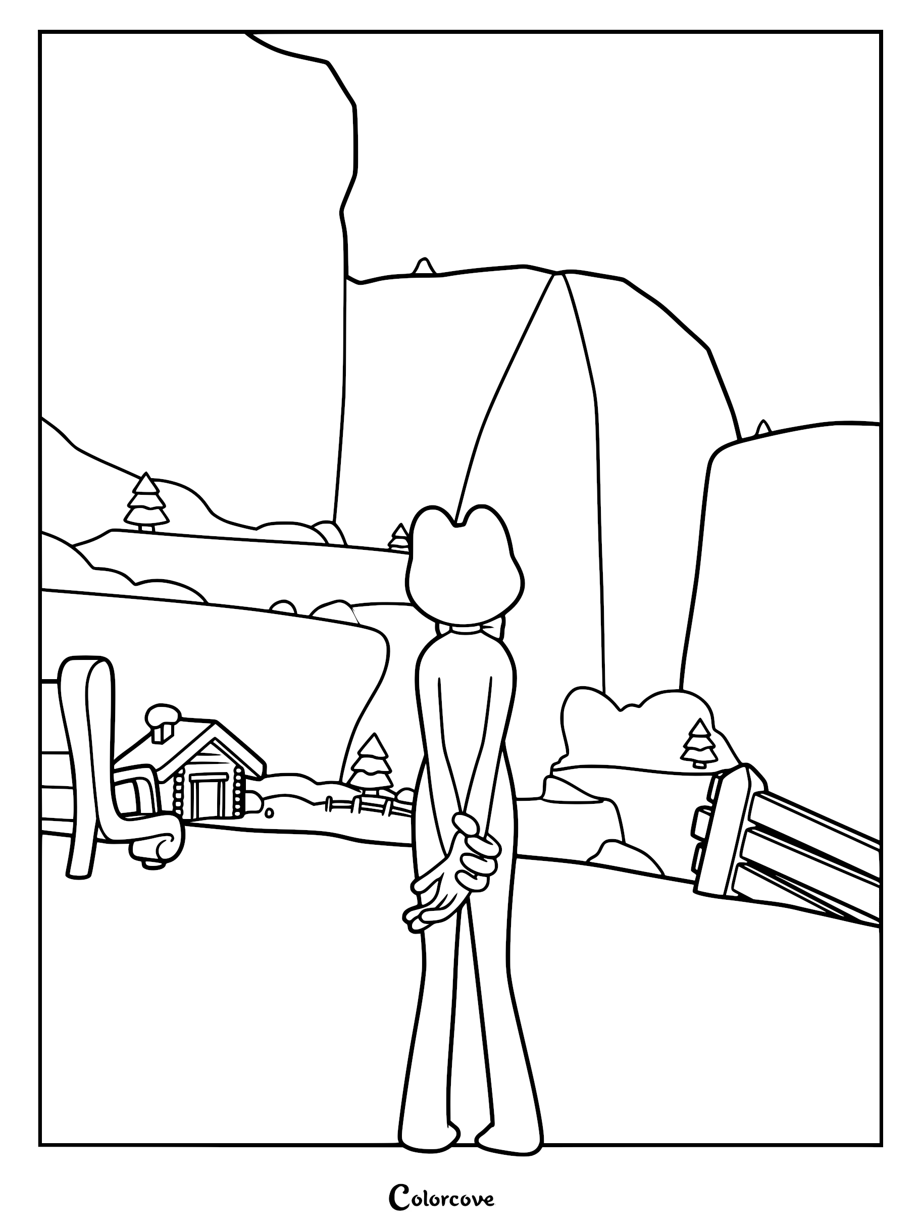 Ribbit standing in a snowy mountainous area in this printable coloring page featuring The Amazing Digital Circus character.
