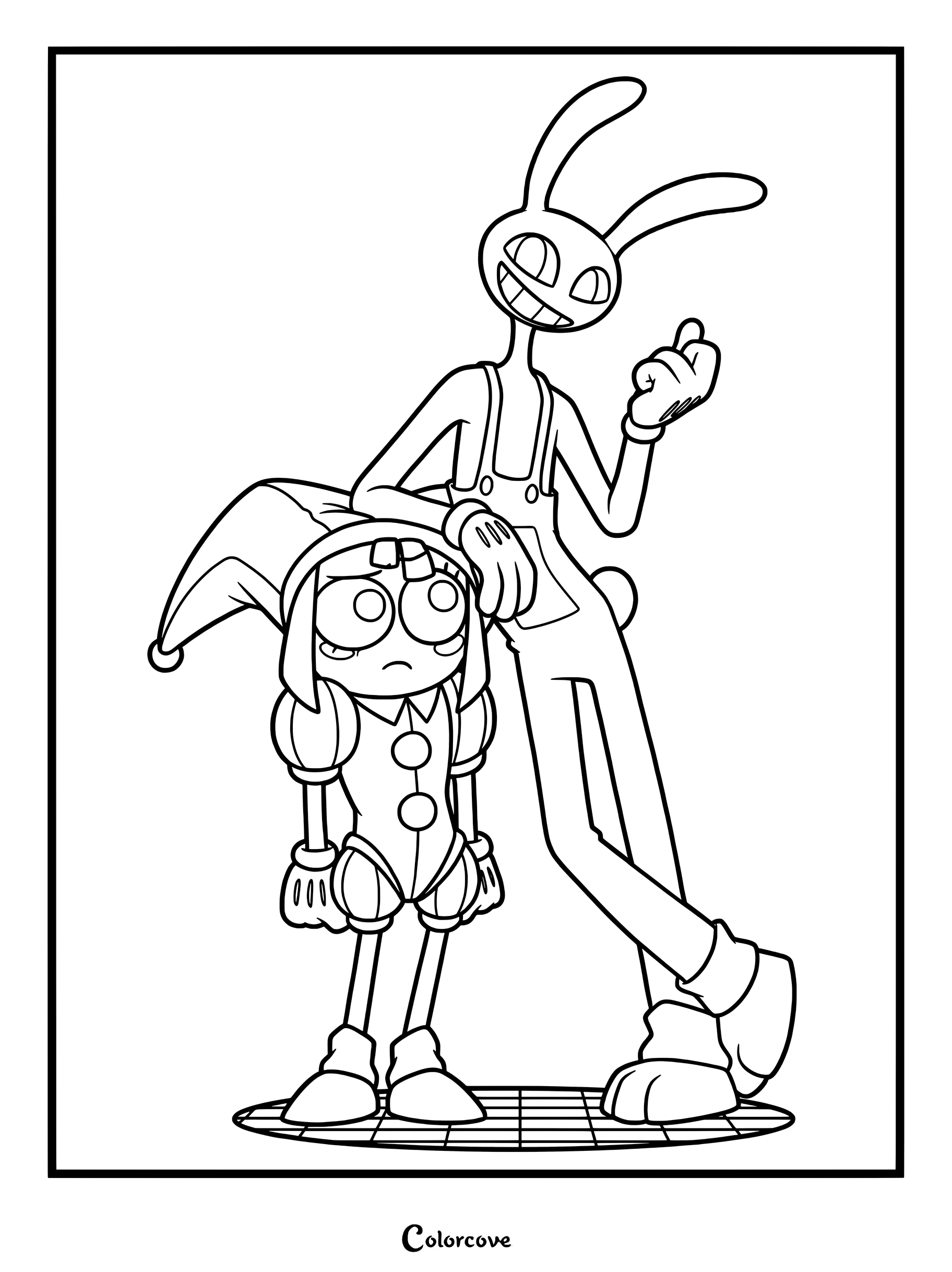 Jax the rabbit leaning on Pomni the jester in this Amazing Digital Circus coloring page.