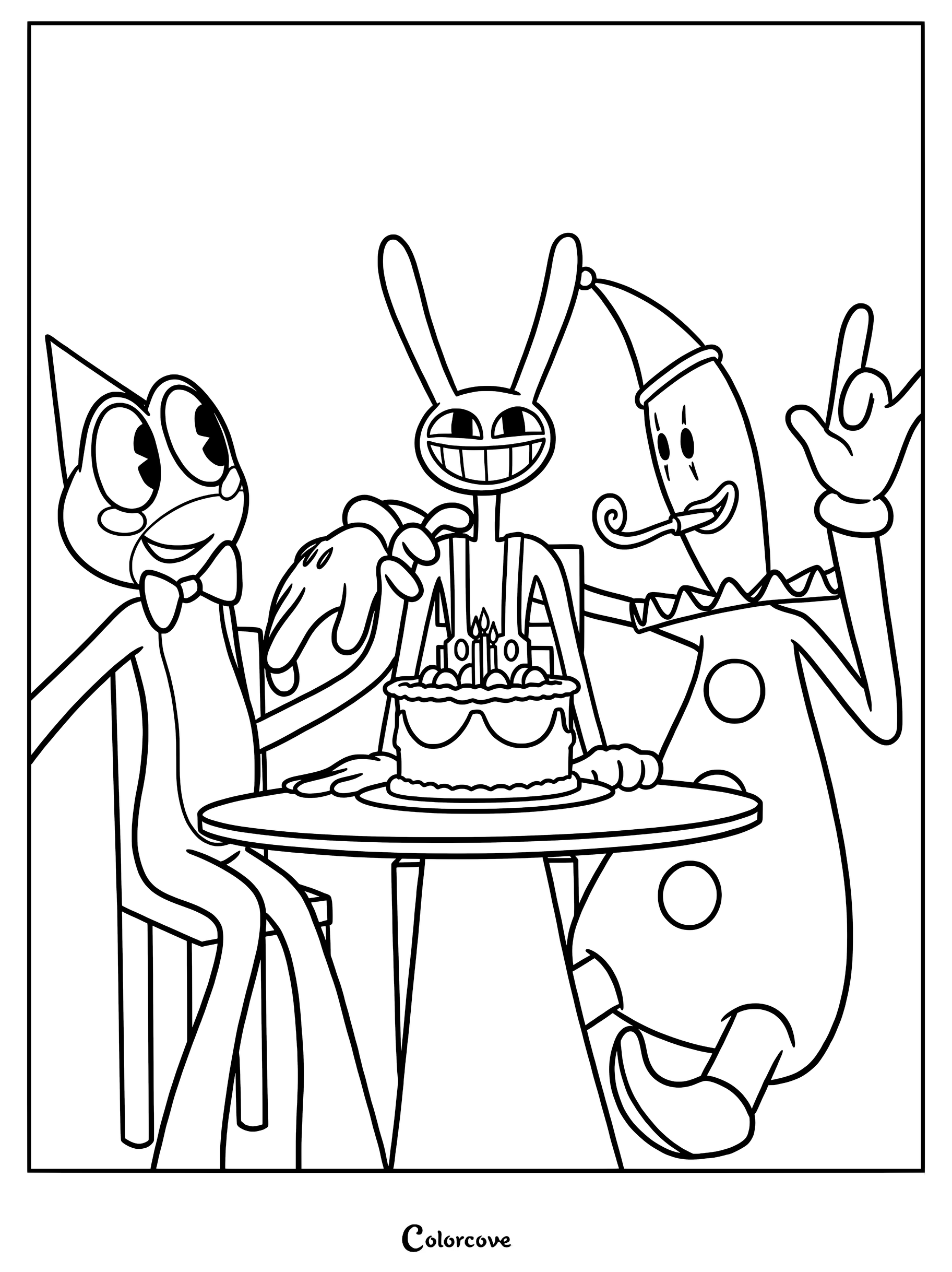 Jax, Ribbit, and Kaufmo sitting at a table with a birthday cake in this printable coloring page.
