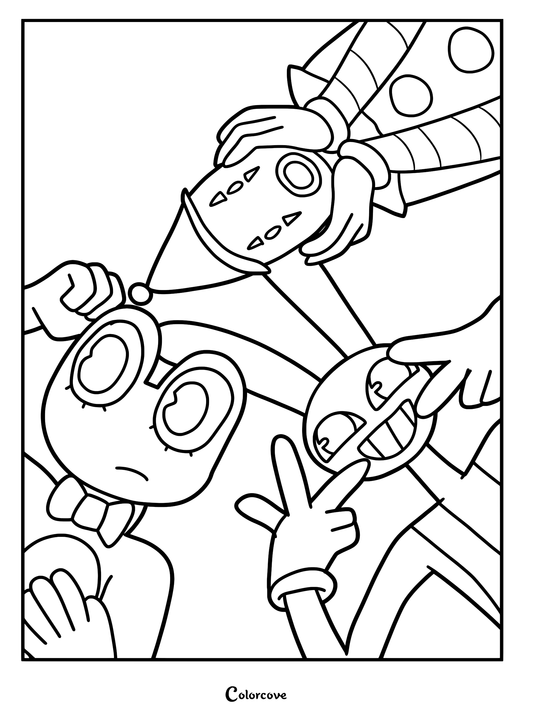 Jax, Ribbit, and Kaufmo from The Amazing Digital Circus in a line art coloring page featuring Jax making a peace sign, Ribbit looking concerned, and Kaufmo holding a party hat.