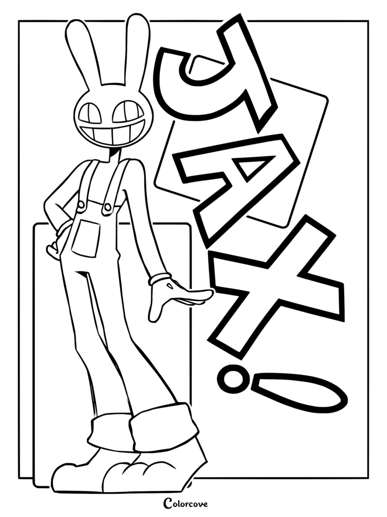 Jax the rabbit character from The Amazing Digital Circus standing with his name in bold letters, line art coloring page.